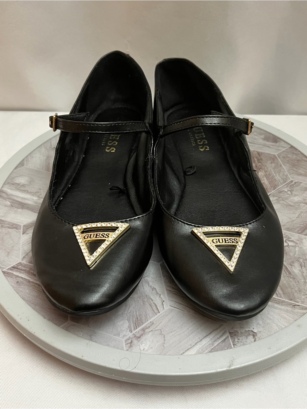 Guess Womens Black Mary Jane Flats Size 8M Rhinestone Logo Dress Shoes